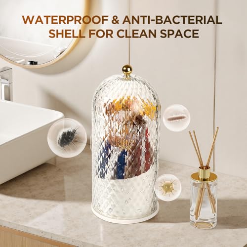3 Slots Rotating Toothbrush Holders with Lid for Bathroom | Coverd Tooth Brush Holders for Countertop, Concealed Makeup Brush Holder, Toothpaste Holder-White