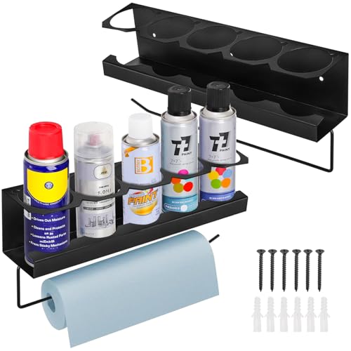 Cedilis 2 Pack Aerosol Spray Can Holder Rack with Paper Towel Holder, Wall Mounted Steel Spray Bottle Organizer, Black Spray Paint Can Holder for Garage and Workspace, Mounting Accessories Included