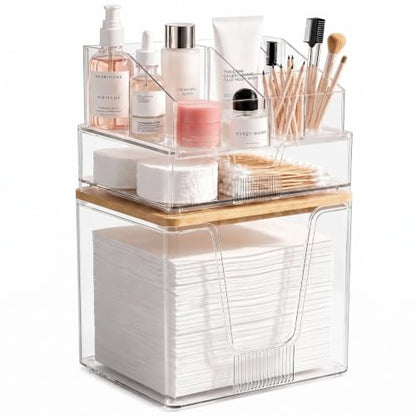 SPOSPO 3-in-1 Disposable Facial Towel Holder & Makeup Organizer | Cotton Ball/Swabs Dispenser, Vanity Holder with Bamboo Lid Compatible with Clean Skin Club Towel XL for Bathroom Coutertop