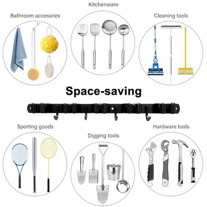 SUS304 5 Racks and 4 Hooks Mop and Broom Holder Wall Mount | Heavy Duty Self Adhesive Solid Non-slip Broom Organizer Storage Tool Racks for Home Kitchen Garden Laundry Garage