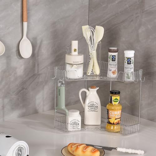 2-Tier Corner Bathroom Organizer Countertop with Hooks, for Makeup/Skincare | Bathroom Sink Corner Vanity Storage for Makeup, Skincare and Perfume (White Silver)