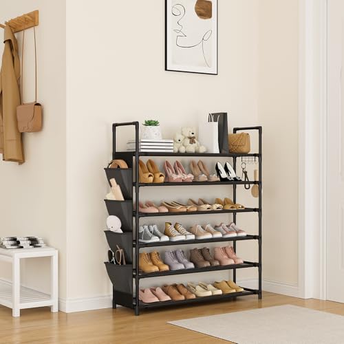 LANTEFUL 6 Tier Shoe Rack, Shoe Organizer Storage for 24-30 Pairs Shoe and Boot, Long Shoe Shelf with Hook and Side Pocket Free Standing Tall Shoe Rack Organizer for Closet, Entryway, Dorm