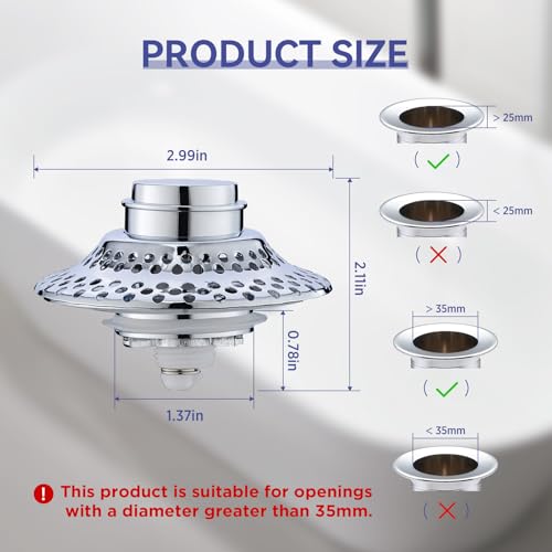 Bathtub Drain Stopper with Removable Hair Catcher, 3-in-1 Pop-up Drain Plug Fits 1.38 to 1.8 Inch Holes, Upgrade Shower Drain Cover with Stainless Steel Filter