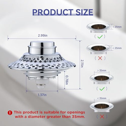 Bathtub Drain Stopper with Removable Hair Catcher, 3-in-1 Pop-up Drain Plug Fits 1.38 to 1.8 Inch Holes, Upgrade Shower Drain Cover with Stainless Steel Filter