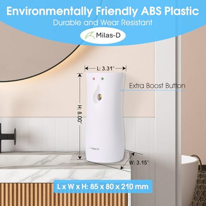 Automatic Air Freshener Spray Dispenser, Custom Timing (Day/Night/24H, 7.5/15 min interval), Wall Mounted or Free Standing, for Home and Commercial, Compatible with Glade Refill Can, White, Milas-D