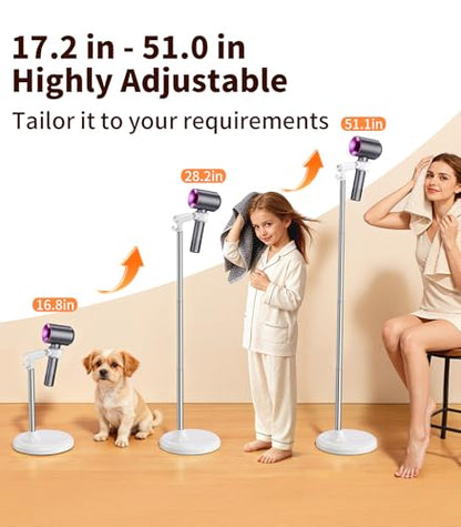 Hair Dryer Stand Holder Hands Free, 360° Blow Dryer Holder | With Anti-Slip Stable Base, Aluminum Alloy, Adjustable Height 17-51 Inch for Bathroom & Pet Grooming & Salon（White）
