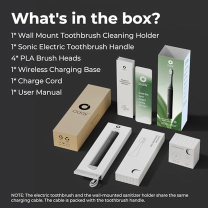 Oday Rechargeable Electric Toothbrush for Adults with UV Sanitizer Holder | 4 Plastic Free Brush Heads, Smartimer, IPX7 Waterproof, 1 Month+ Battery, Sleek Aluminum Body Black, Mess-Free Bathroom