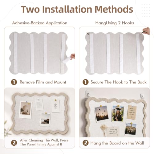 VABAMNA Scalloped Felt Bulletin Board 24"x18", Felt Cork Board Alternative for Wall, Foldable Picture Self-Adhesive Boards with Pins Hooks, Vision Boards for Photo Display School Home Office, Oatmeal
