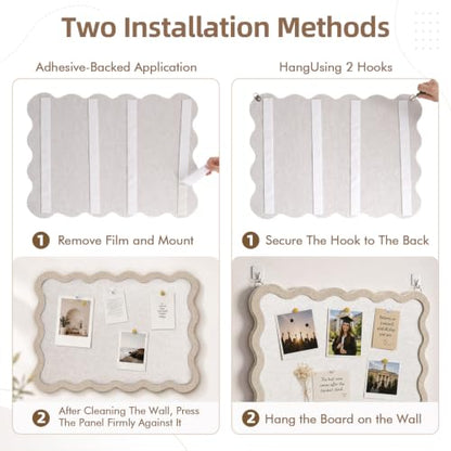 VABAMNA Scalloped Felt Bulletin Board 24"x18", Felt Cork Board Alternative for Wall, Foldable Picture Self-Adhesive Boards with Pins Hooks, Vision Boards for Photo Display School Home Office, Oatmeal