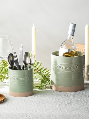 YHOSSEUN Kitchen Utensil Holder Set of 2, Utensil Crock for Countertop | 6.7"+5.1" Cooking Utensil Holder for Kitchen Counter, Oval Utensil Storage Organizer Farmhouse Kitchen Decor, Two-Tone, Green