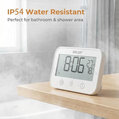 Digital LCD Waterproof Timer Shower Clock, Waterproof for Water Spray, Bathroom Clock Wall Mount, Two Suction Cup, Displays Time, Temperature, and Indoor Relative Humidity (1, White)