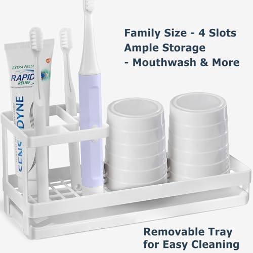 Toothbrush Holders for Bathrooms, 4 Slots Metal Tooth Brushing Organizer | Rustproof Electric Tooth Brush Toothpaste Holder with Drainage for Bathroom Countertop, White