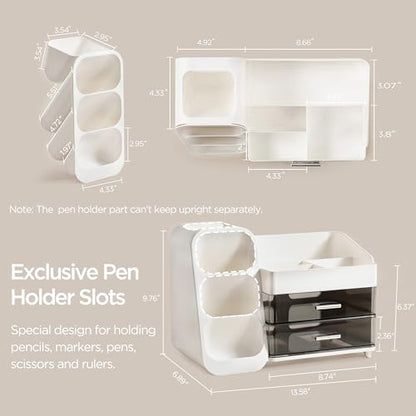 HBlife Desk Organizer with Pen Pencil Holder for Desk, Pen Organizer with 2 Drawers, Desk Organizers and Accessories with 4 Compartments, Desktop Storage for Office Home School Art Supplies, White