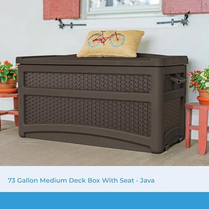 Suncast Durable 73 Gallon Outdoor Resin Storage Chest with Handles, Wheels, and Seat for Patio, Garden, or Pool for Indoor and Outdoor Use, Java