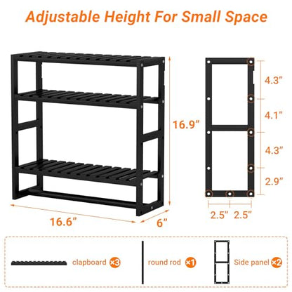PPN Towel Rack Bathroom Storage Shelves Over The Toilet with Towel Bar 100% Bamboo Adjustable Height Floating Shelf Wall Shower Shelf for Small Space Bathroom Kitchen Multi Usage (Black-1Pack)