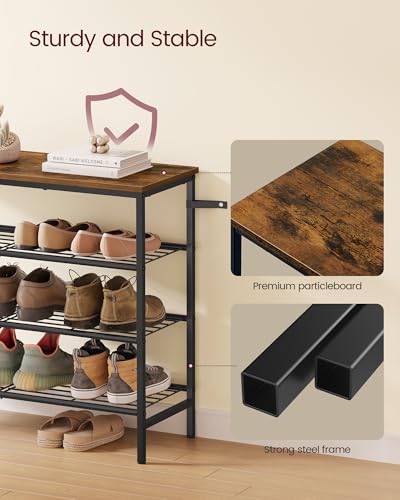 VASAGLE Shoe Rack, Shoe Storage Rack for Closet, Entryway, Living Room, Free Standing Metal Organizer Shelf, 4 Tiers, 11.8 x 29.5 x 27.2 Inches, for 12–16 Pairs, Rustic Brown and Ink Black ULBS049KD01