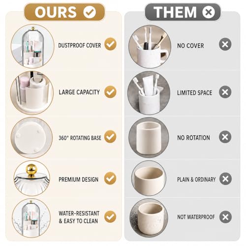 Rotating Toothbrush Holder with Cover, Storage for Bathroom, Dustproof Toothbrush Holder with Sliding Lid Electric Tooth Brush and Makeup Brush Organizer for Vanity, Dustproof with Cover