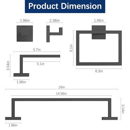5-Piece Bathroom Hardware Accessories Set, Towel Racks for Bathroom Wall Mounted Stainless Steel, Matte Black Towel Bar Set 16In