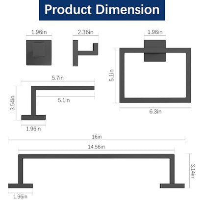 5-Piece Bathroom Hardware Accessories Set, Towel Racks for Bathroom Wall Mounted Stainless Steel, Matte Black Towel Bar Set 16In