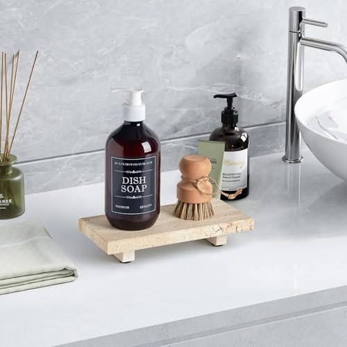 Natural Travertine Tray Pedestal Stand, Stone Riser for Bathroom & Kitchen | Stone pedestal riser, unique veining. Hand-polished, waterproof. Soap & vanity display. Perfume & candle catchall. Non-slip.