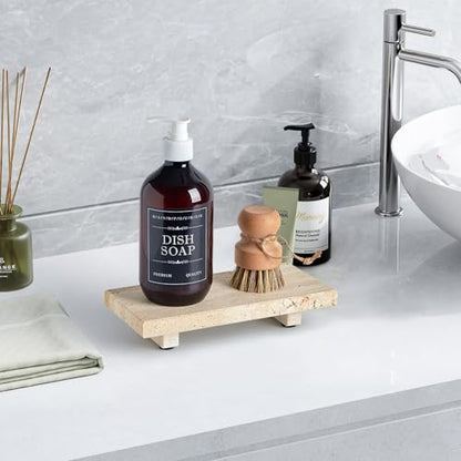 Natural Travertine Tray Pedestal Stand, Stone Riser for Bathroom & Kitchen | Stone pedestal riser, unique veining. Hand-polished, waterproof. Soap & vanity display. Perfume & candle catchall. Non-slip.