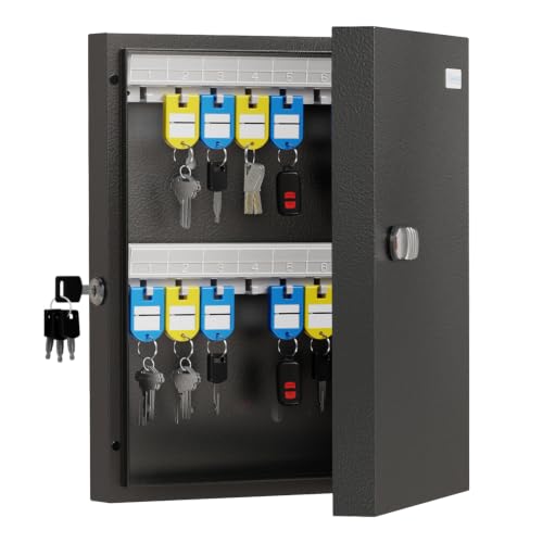 WeHere 32 Key Lock Box, Steel Key Cabinet with Combination Lock & Key | Wall Mounted Key Organizer Box with Key Management App (Record Key Borrow/Return) for Home, Small Office, School, Rental