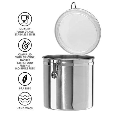 Oggi Stainless Steel Kitchen Canister 152 fl oz - Airtight Clamp Lid, Clear See-Thru Top - Ideal for Kitchen Storage, Food Storage, Pantry Storage. Jumbo Size 8" x 8".