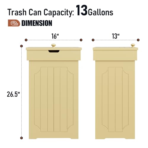 Function Home Trash Can Cabinet, 13 Gallon Kitchen Garbage Can, Wood Recycling Trash Bin, Freestanding Dog Proof Trash Can, Farmhouse Trash Cabinet with Lid for Home Kitchen Bathroom, Yellow