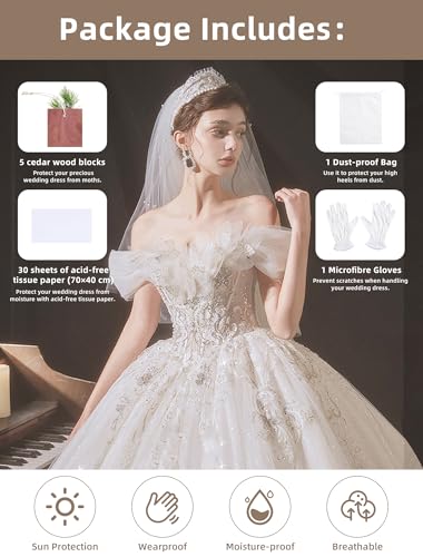 Wedding Dress Storage Box, Large Wedding Dress Preservation Box with 5 Cedar Wood Blocks, 30 Sheets of Acid-Free Tissue Paper, Microfiber Gloves, and Dust-Proof Bag-Beige&Linen Color