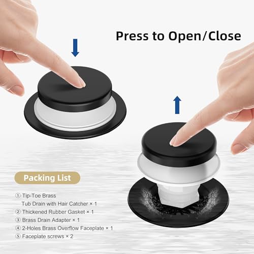 Tip-Toe Bathtub Drain Kit with Hair Catcher, Matte Black | 2-Hole Overflow Faceplate, Solid Brass, 5-Layer Plated, Fits 1.5"/1.75" Drains, For Bathroom Remodel, Matches Fixtures