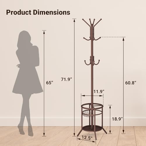 Coat Rack Freestanding, Metal Coat Rack with Umbrella Holder | 12 Hooks, Round Base, Heavy Duty Floor Standing Coat Tree for Entryway, Hallway, Living Room, Bedroom, Office, Brown