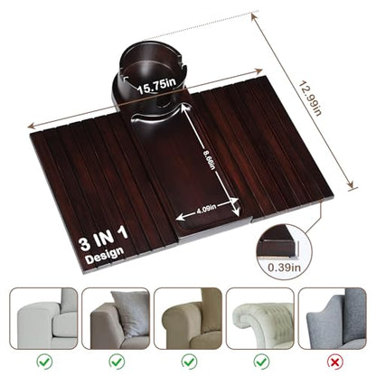 Couch Cup Holder for Armrests Over 4.9" Wide with 360° Phone Stand Walnut | Couch Arm Tray with 360° Rotating Phone Stand, 3 in 1 Foldable Sofa Arm Tray Table for Remote, Snacks, Phone, Drinks