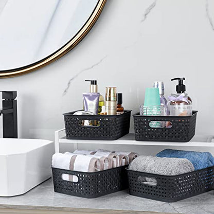 [ 8 Pack ] Plastic Storage Baskets, Small Pantry Organization and Storage Bins, Household Organizers for Laundry Room, Bathrooms, Kitchens, Cabinets, Countertops, Under Sink or Shelves, Black