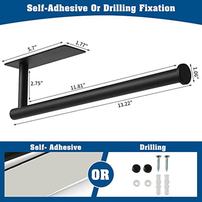 Under Cabinet Paper Towel Holder for Kitchen, Adhesive, Black | Wall Mounted Paper Towel Roll Rack for Bathroom or Kitchen, SUS304 Stainless Steel, Self-Adhesive or Screw Installation