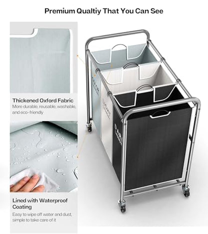 Laundry Sorter Hamper 3 Section, Divided Laundry Basket Organizer with Heavy Duty Lockable Wheels and Removable Bags, Rolling Clothes Hamper for Apartment, Dorm & Family (135L Multicolor)