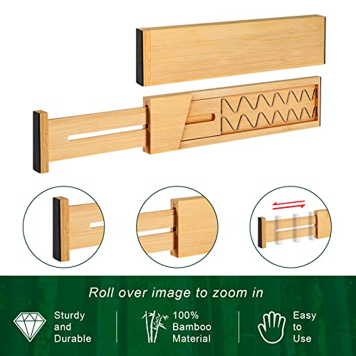4 Pack Bamboo Drawer Dividers 2.6" High, Adjustable Length from 12 Inch to 17 Inch, Expandable Kitchen Drawer Organizer Separators for Clothes, Kitchen, Bedroom, Dresser, Office (Beige)