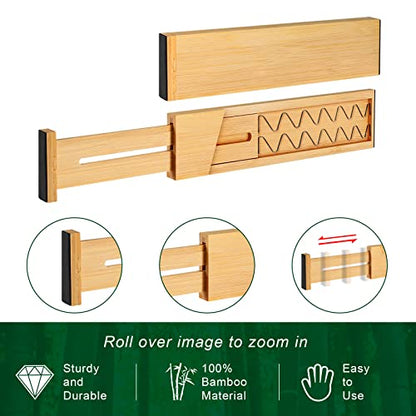 4 Pack Bamboo Drawer Dividers 2.6" High, Adjustable Length from 12 Inch to 17 Inch, Expandable Kitchen Drawer Organizer Separators for Clothes, Kitchen, Bedroom, Dresser, Office (Beige)