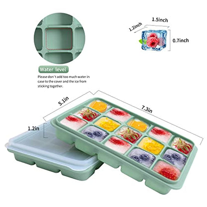 Ice Cube Trays Set of 2, 15-Cube Silicone Molds with Removable Lids | Stackable, easy release, BPA-free, reusable, for freezer and whiskey