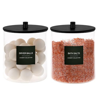 Glass Jars and Acrylic Dryer Sheet Holder, Laundry Pods Container with Bamboo Lid and 27 Labels, Powder Detergent Containers for Laundry Room Organization, Storage Jars Set (3 Pack, Black)