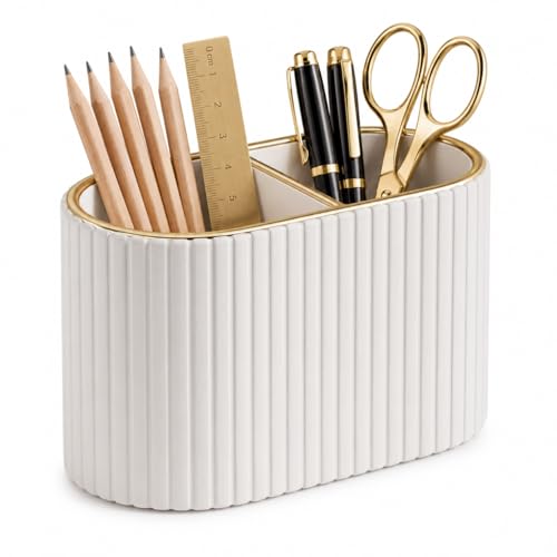 PU Leather Desk Organizer Pen Holder – Dual-Compartment Stylish Pencil Cup Remote Control Holder Desktop Supplies and Accessories Organizer Caddy for Office Home School (Light Beige)