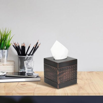 MOCHTERO Decorative Tissue Box Cover,Hand Hammered Design, Square Metal Tissue Holder,for Bathrooms, Bedroom, Dinner Table, Office.Antique Bronze Color