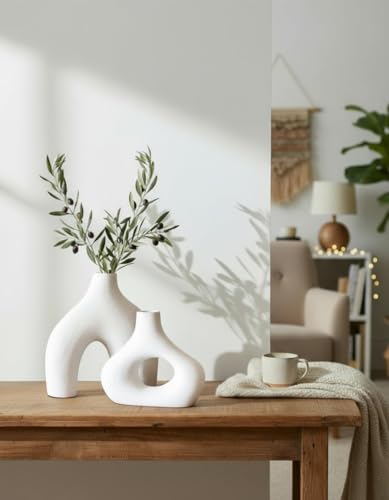 Carrot's Den Ceramic Modern Vase Set of 2, Donut Shelf Decor, Warm White | Matte pair for bookshelf and bookcase decor, mantel styling, or home staging. Holds dried stems and faux plants indoor.