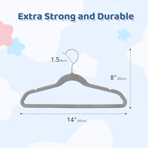 Premium 14 Inch Kids Hangers 50 Pack, Baby Velvet Hanger Non Slip | Grey Space Saving Felt Hangers Clothes Organizers for Closet with 360° Swivel Hook for Children, Toddler & Teens