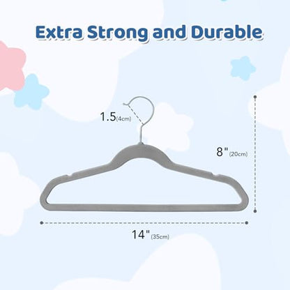 Premium 14 Inch Kids Hangers 50 Pack, Baby Velvet Hanger Non Slip | Grey Space Saving Felt Hangers Clothes Organizers for Closet with 360° Swivel Hook for Children, Toddler & Teens
