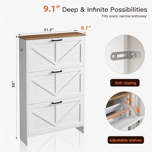 Shoe Cabinet, 3 Flip Drawers & Adjustable Shelves, Ultra Slim Freestanding (9.1” Deep), Holds 30 Pairs, Narrow Shoe Storage Cabinet with Anti-Tip Safety, Modern Farmhouse White Walnut