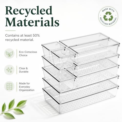 Drawer Organizer, 10 Pack Large Clear Plastic Organizer Bins 5 Sizes, Versatile Bathroom Drawer Trays, Heavy Duty Non‑Slip Drawer Dividers for Makeup, Office & Kitchen Utensils