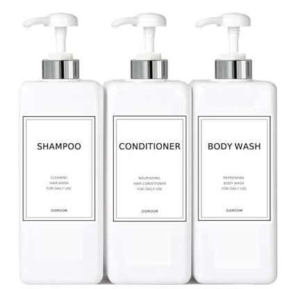 Modern Silver Shampoo and Conditioner Dispenser (21 oz, Pack of 3) Refillable Pump Bottle Set Empty Shower Plastic Bottles with Pump for Bathroom Body Wash Soap and Shower (Sliver&White)