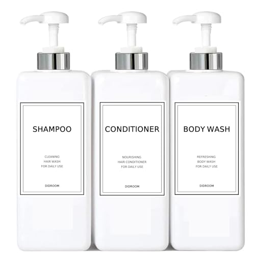 Modern Silver Shampoo and Conditioner Dispenser (21 oz, Pack of 3) Refillable Pump Bottle Set Empty Shower Plastic Bottles with Pump for Bathroom Body Wash Soap and Shower (Sliver&White)