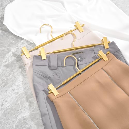 Amber Home 10 Pack Matte Gold Aluminum Pants Hangers, Metal Skirt Hangers | 12.2” Smooth Metal Skirt Hangers with 2 Adjustable Non-Slip Clips, Light & Sturdy Metal Hangers for Shorts, Trousers & Slacks