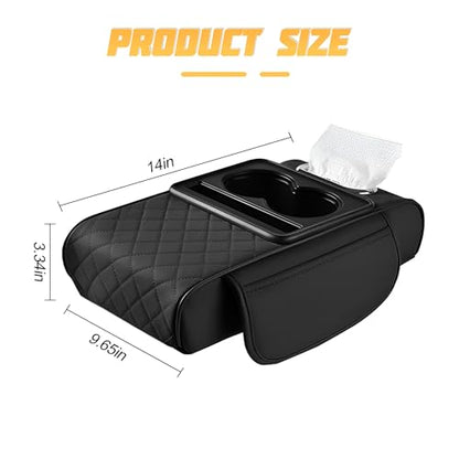 Zpana 4 in 1 Car Center Console Armrest Pillow, Memory Foam, Black | Leather Vehicle Arm Rest Cover, with Tissue Box 2 Side Storage Bag Cup & Phone Holder, Universal Fit